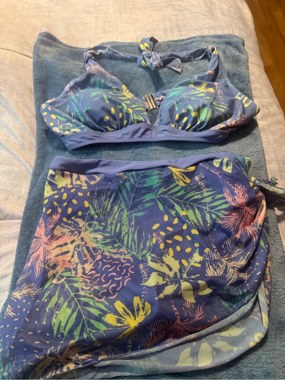 Tropical Floral Blue Women's Bikini Set with Skirt large top small bottom